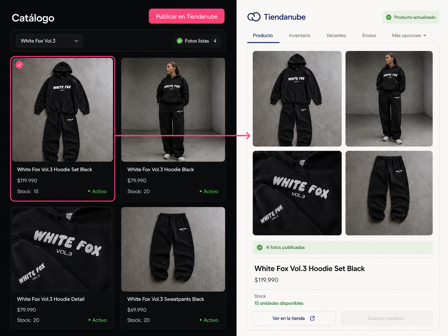 Catálogo de Facha conectado con una ficha de Tiendanube que recibió cuatro fotos