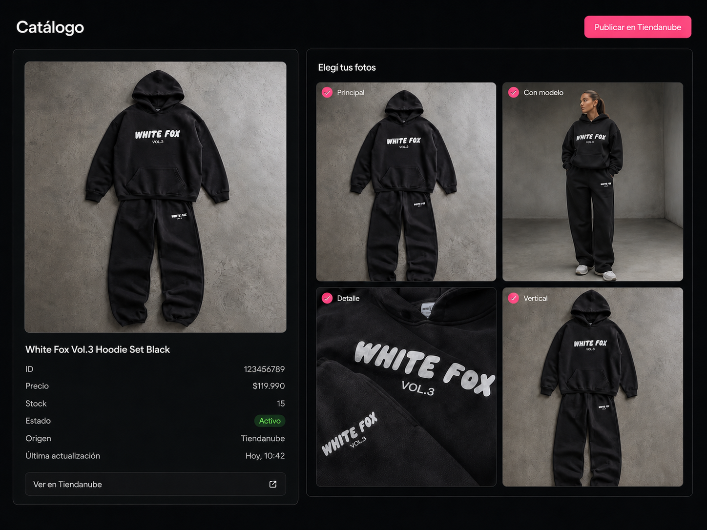 Pantalla de Facha para elegir cuatro fotos de una prenda y publicarlas en Tiendanube