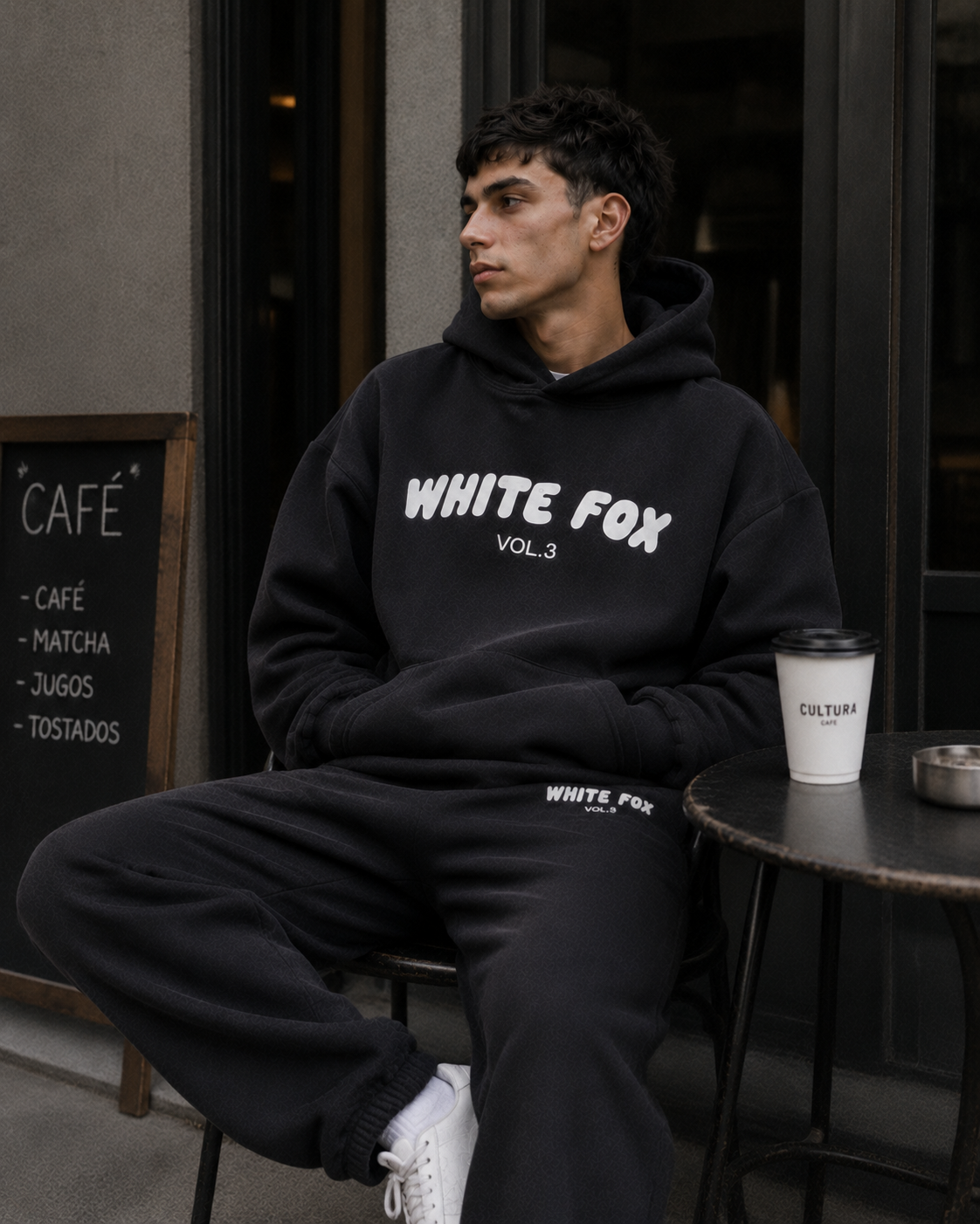 Modelo usando la prenda en la calle