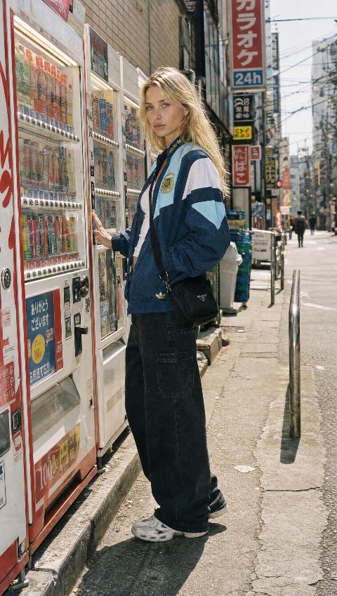 Primer plano de modelo usando una campera azul