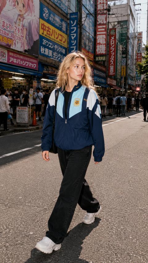 Modelo caminando con campera azul en la ciudad